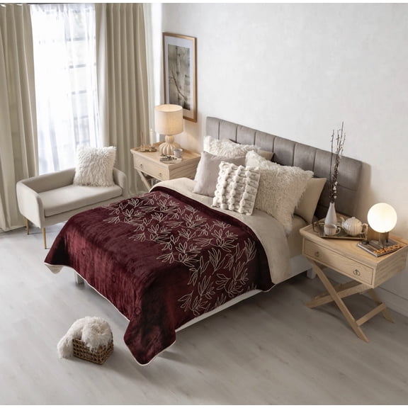 MERLOT BURGUNDY COLOR EMBROIDERY BLANKET WITH SHERPA SOFTY THICK AND WARM QUEEN SIZE MADE IN MEXICO