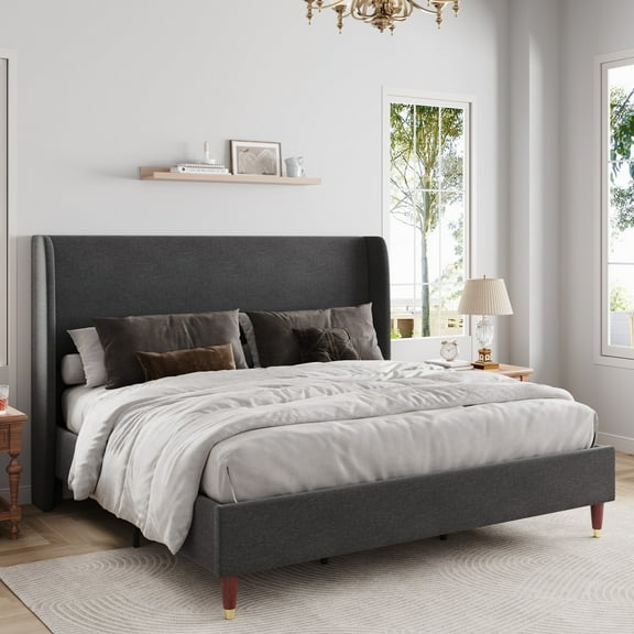 Merluxy 51.2" King Bed Frame with High Headboard,Upholstered Bed,Dark Grey