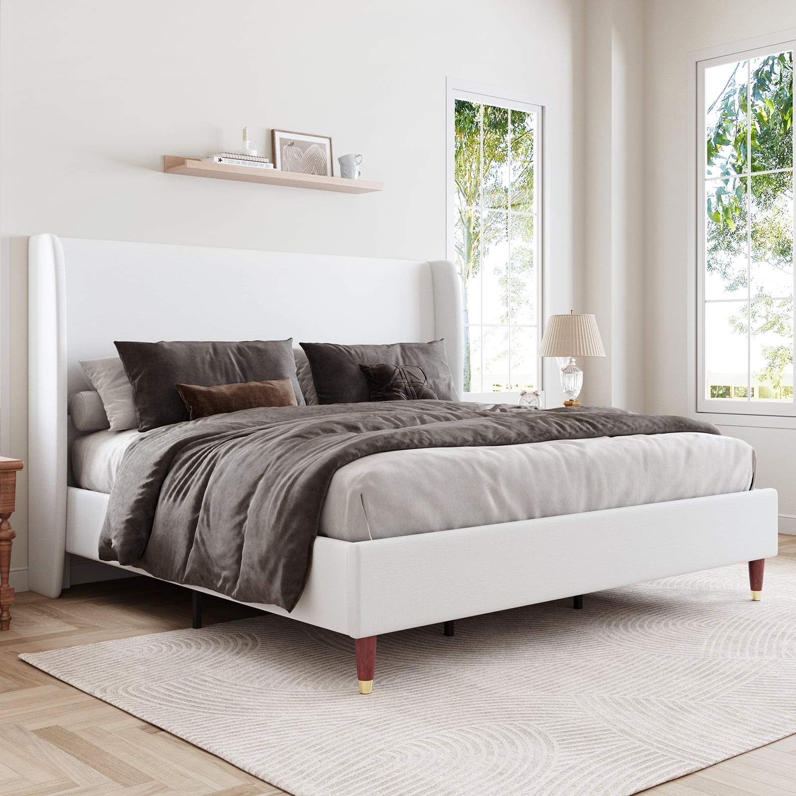 King White Linen Upholstered Platform Bed with High Tufted Headboard