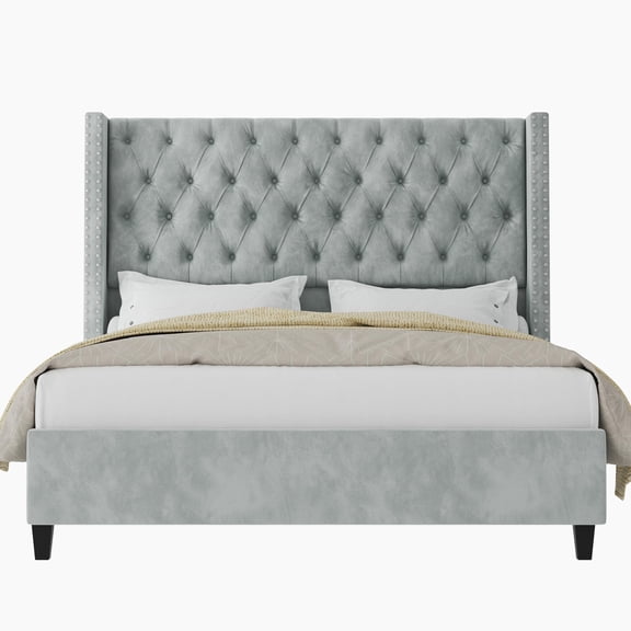Merluxy Queen Bed Frame Velvet Upholstered Platform with 51.6" Tall Wingback Headboard,Light Grey