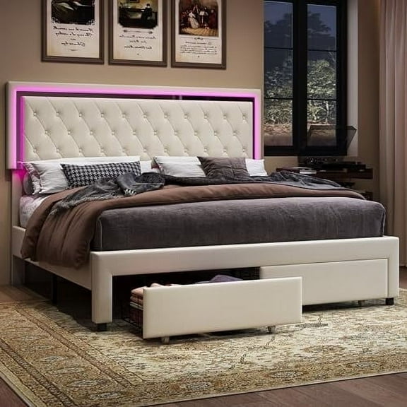 Merluxy Bed Frame with LED Lights&Storage Drawers, Velvet Upholstered Platform Bed, No Box Spring Needed,Queen,Gream