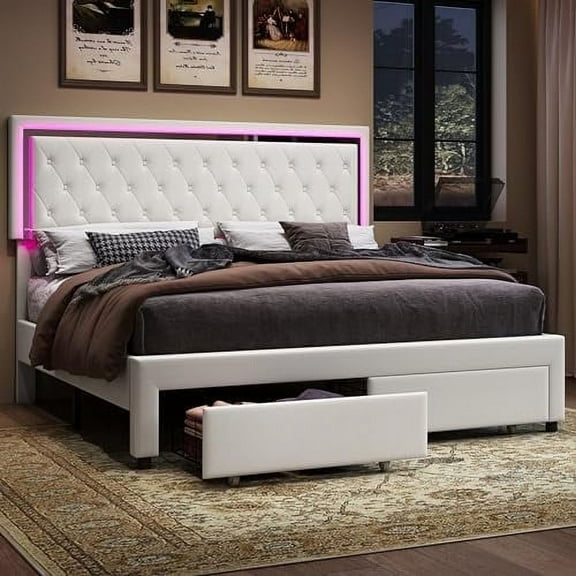 Merluxy Bed Frame with LED Lights&Storage Drawers, Velvet Upholstered Platform Bed, No Box Spring Needed,Queen,White