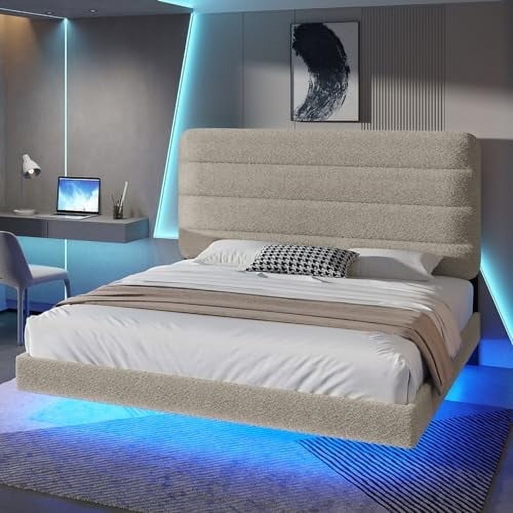 Merluxy Floating Bed Frame King Upholstered Platform Bed with LED ...