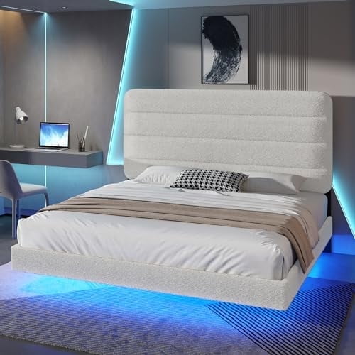 Merluxy Floating Bed Frame King Upholstered Platform Bed with LED Lights and Adjustable Headboard, No Box Spring Needed, Easy Assembly, White