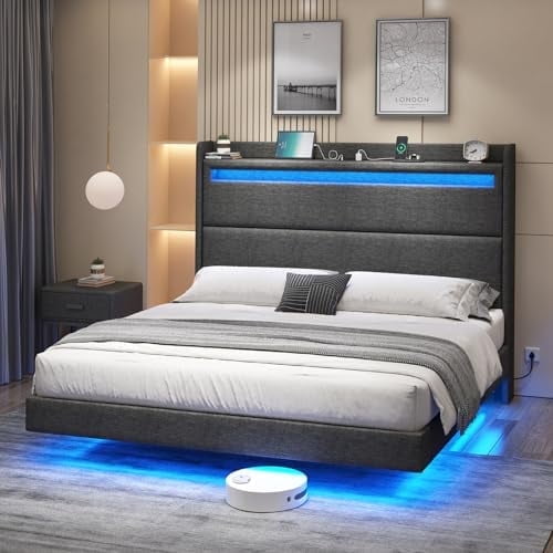 Merluxy Floating Queen Bed Frame with LED Lights, Upholstered Platform Bed with Charing Station & Storage Wingback Headboard, Easy Assembly, Dark Grey