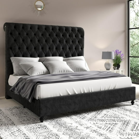Merluxy King Bed Frame for Adult,60" Sleigh Headbord with Deep Button Tufting,Velvet Black