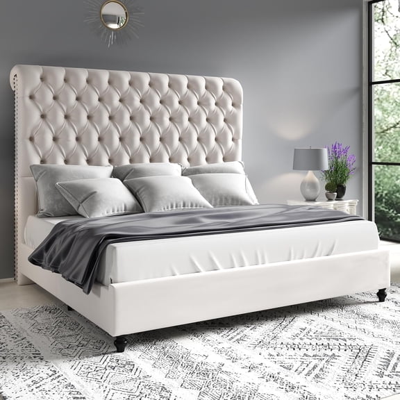 Merluxy Queen Bed Frame for Adult,60" Sleigh Headbord with Deep Button Tufting,Velvet Cream