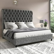 Merluxy Queen Bed Frame for Adult,60" Sleigh Headbord with Deep Button Tufting,Velvet Light Grey