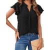 Merokeety Womens Summer Tops Ruffle Short Sleeve Blouse V Neck Flowy Tunic Shirts Black l