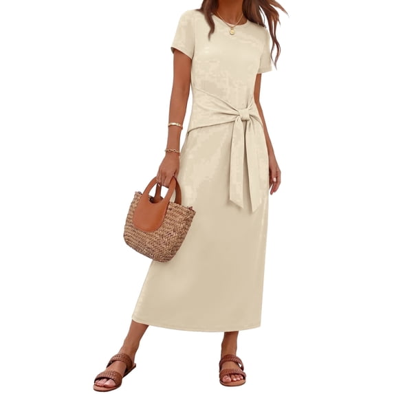 Merokeety Womens Summer T Shirt Dresses Crew Neck Tie Waist Midi Dress Apricot s
