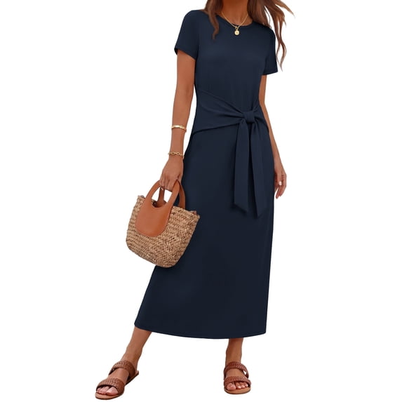 MEROKEETY 2026 Summer Women's Casual Short Sleeve Tie Waist Midi T Shirt Dress for Work Beach Vacation, Navy, M