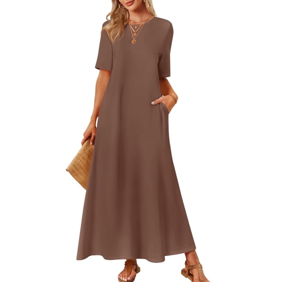Merokeety Womens Summer Crewneck Maxi Dress Coffee XXL