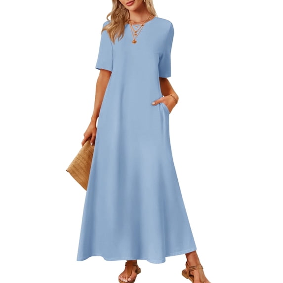 Merokeety womens 2026 spring summer short sleeve casual maxi dress with pockets dustyblue xl