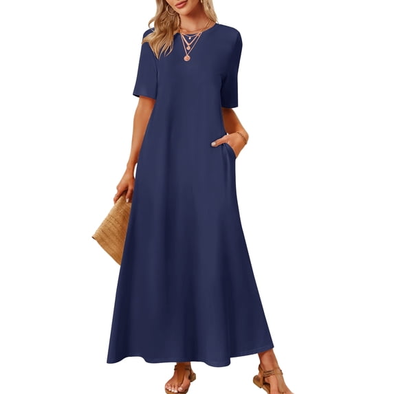 MEROKEETY 2026 Women's Summer Spring Maxi Dress Short Sleeve Casual T-Shirt Dress with Pockets for Beach Vacation, Navy, L