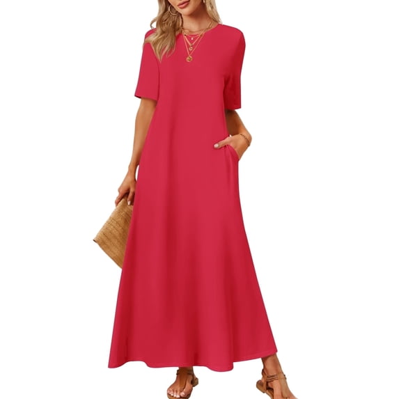 Merokeety Womens Summer Crewneck Maxi Dress Red M