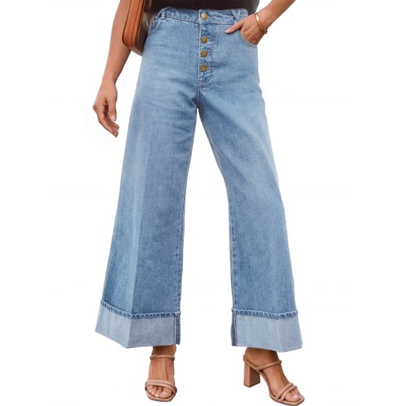 Merokeety Womens 2026 Mid Rise Button Fly Baggy Wide Leg Denim Jeans skyblue 16