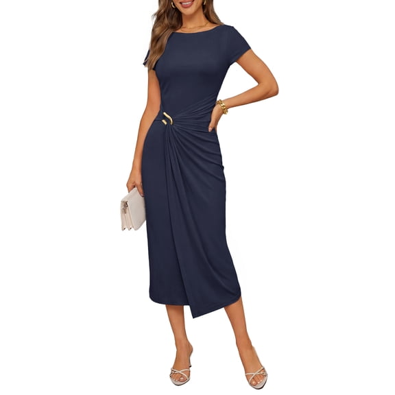 MEROKEETY Women's 2026 Cocktail Party Midi Dress, Boat Neck Ruched Cap Sleeve Bodycon Dress for Wedding Guest Spring Summer, Navy, L