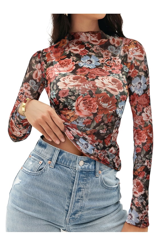 Women's 2026 Mesh Sheer Lace Long Sleeve Top, Multicolor, M