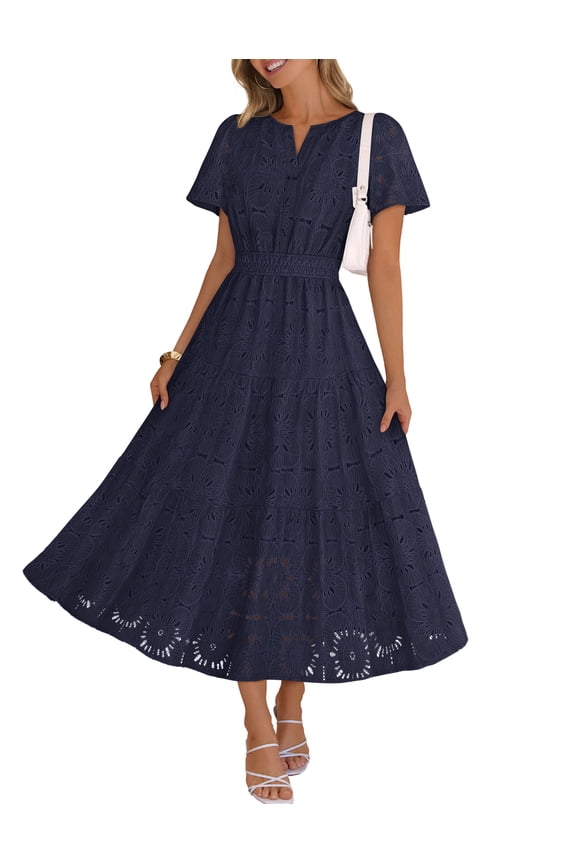 Women's 2026 Spring Summer Boho Floral Eyelet Lace Maxi Dress A Line Tiered Flowy Dress, Navy, L