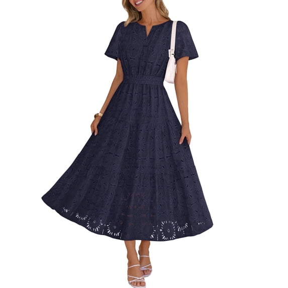 Merokeety Womens Summer Dresses Boho Floral Eyelet Lace Tiered Flowy Maxi Dress Navy s