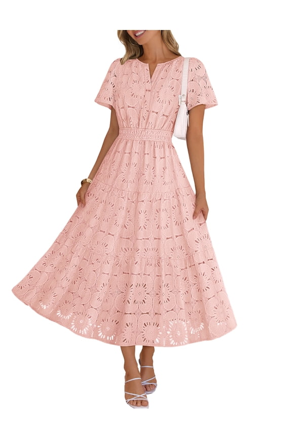 Women's 2026 Spring Summer Boho Floral Eyelet Lace Maxi Dress A Line Tiered Flowy Dress, Pink, S