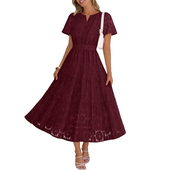 Merokeety Womens Summer Dresses Boho Floral Eyelet Lace Tiered Flowy Maxi Dress Wine l