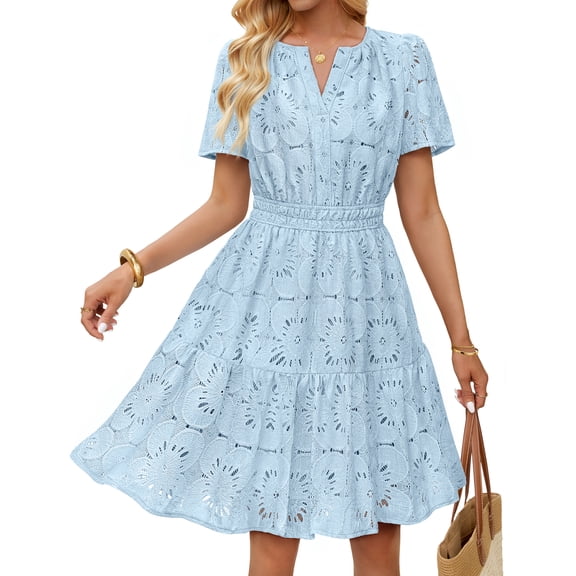 MEROKEETY Women's 2026 Spring Summer Eyelet Floral Mini Dress Boho Ruffle A Line Beach Vacation Dress, Blue, L