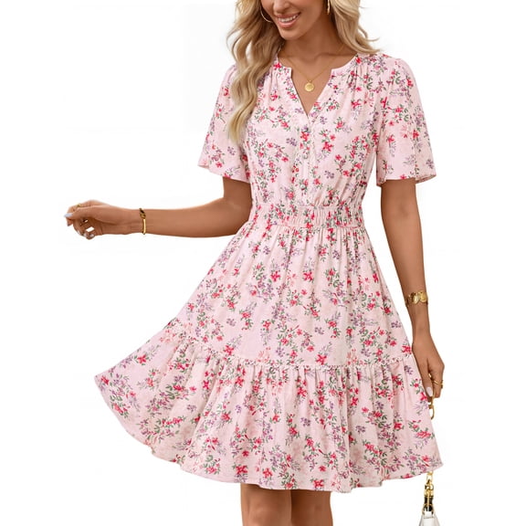 MEROKEETY Women's 2026 Spring Summer Floral Dress V Neck Short Sleeve Button A Line Boho Beach Flowy Vacation Dresses, Apricot, L