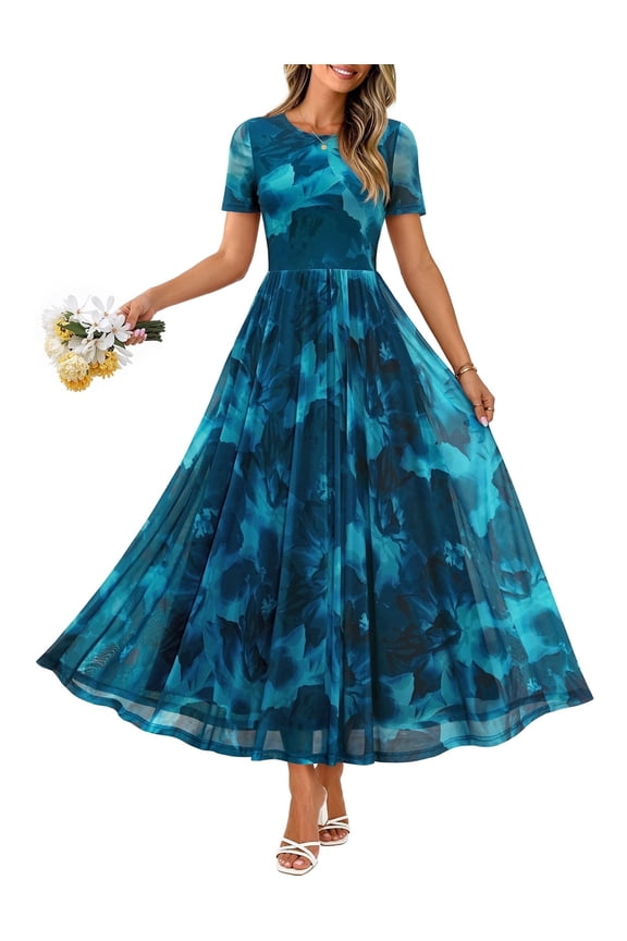Womens Summer Dresses Floral Mesh Tea Length Maxi Dress Teal l