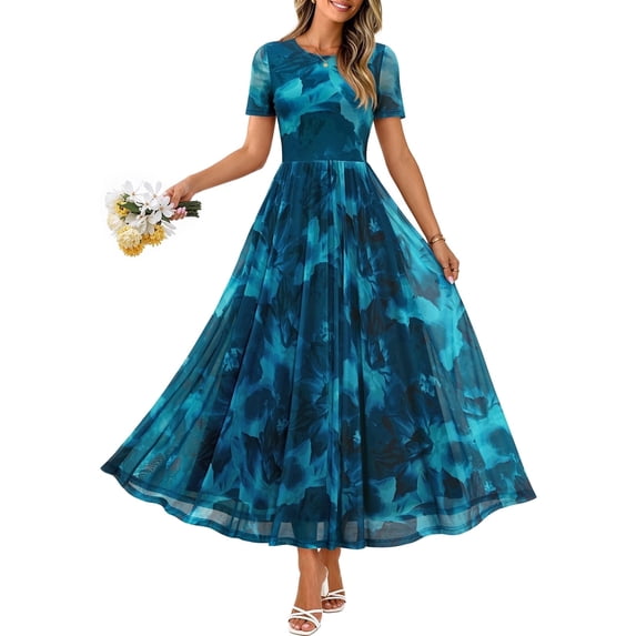 Merokeety Womens Summer Dresses Floral Mesh Tea Length Maxi Dress Teal s