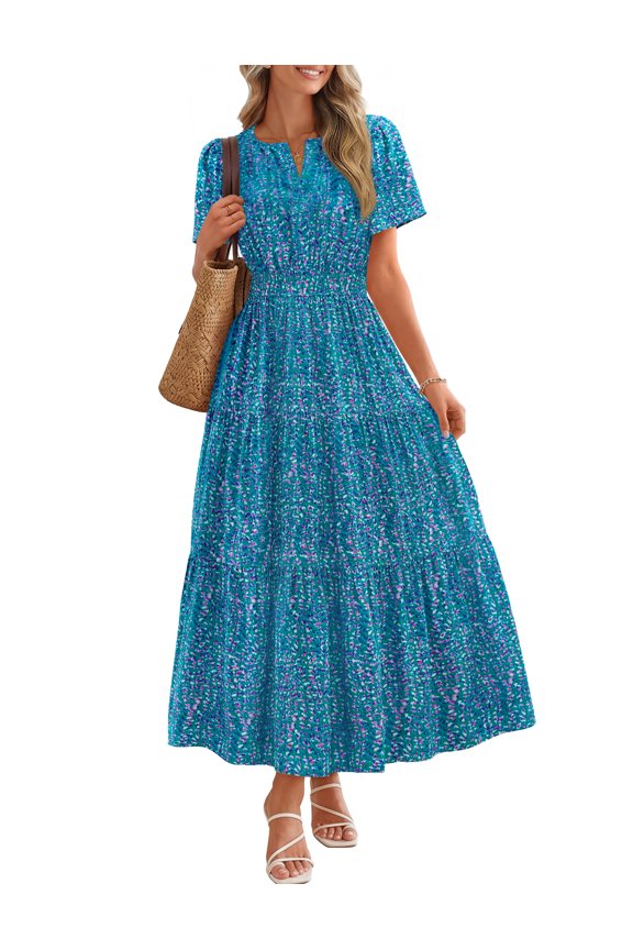 Women's 2026 Spring Summer Floral Midi Dress, Boho V-Neck Short Sleeve Casual Beach Vacation Dress with Pockets, BlueGreen, L