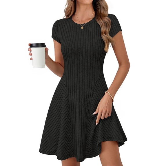 Merokeety womens 2026 spring summer ribbed crewneck cap sleeve a line mini dress black l