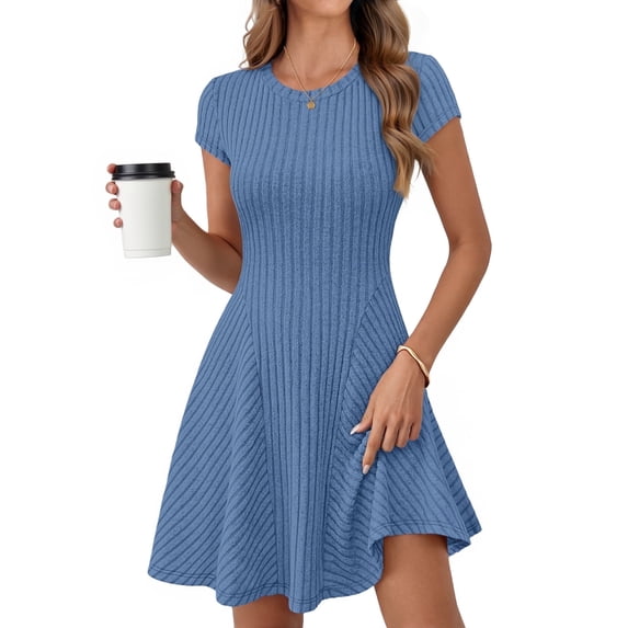 Merokeety Womens Summer Dresses Ribbed Crewneck A Line Mini Dress Dustyblue m
