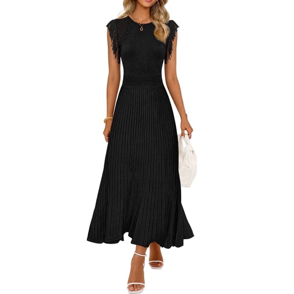 Merokeety Womens Summer Dresses A Line Pleated Midi Dress With Fringe Black l