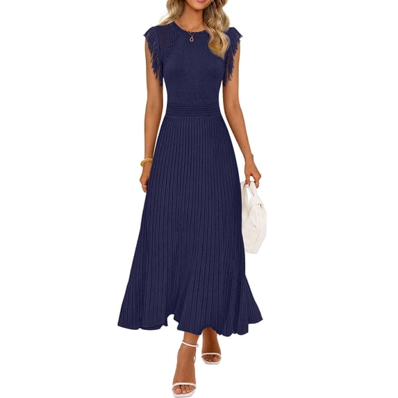 MEROKEETY Womens 2026 Spring Summer Sleeveless Fringe A Line Pleated Midi Dress Business Casual Work Wedding Guest Flowy Dress Navy L