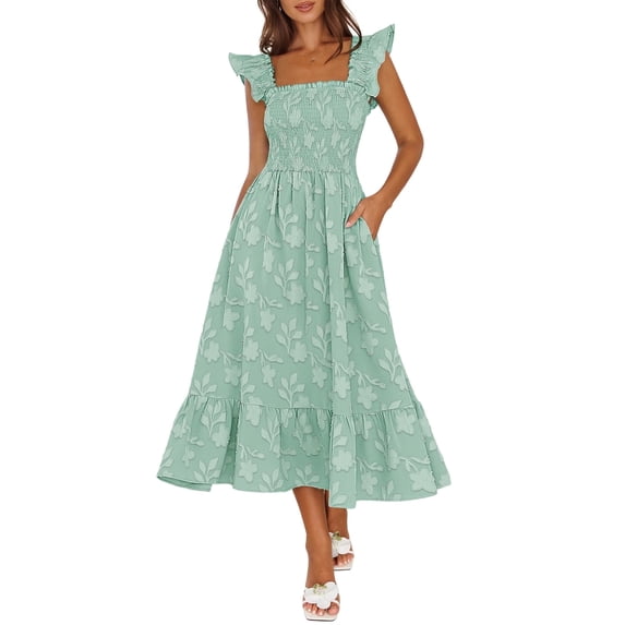 Merokeety Womens Summer Dresses Floral Square Neck Smocked Ruffle A Line Midi Dress With Pockets Green xl