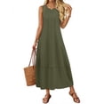 thumbnail image 1 of Merokeety Womens Summer Dress Pleated Tank Maxi Dress Crew Neck Beach Vacation Sundress ArmyGreen l, 1 of 5
