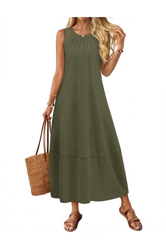 Womens Summer Dress Pleated Tank Maxi Dress Crew Neck Beach Vacation Sundress ArmyGreen l