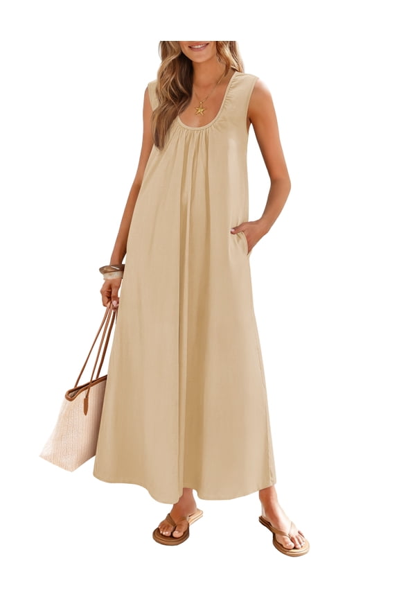 Women's 2026 Summer Boho Ruched Maxi Dress Sleeveless Loose Tank Beach Vacation Sundress with Side Pockets, Apricot, L