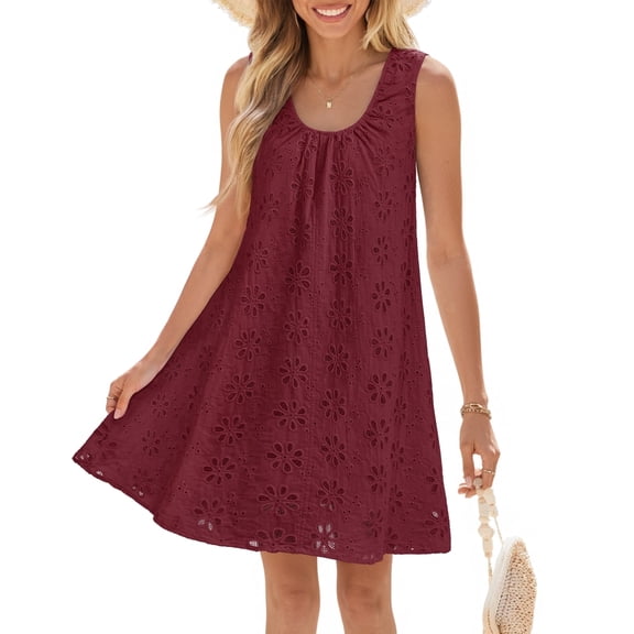 Merokeety Womens Summer Dresses Eyelet Embroidered Flowy Mini Dress With Side Pockets Wine l
