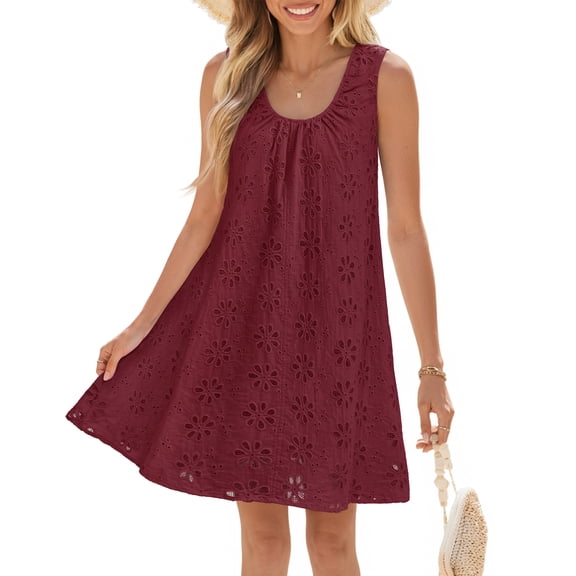 MEROKEETY Women's 2026 Summer Boho Sleeveless Eyelet Embroidered Floral A-Line Mini Dress, Flowy Beach Vacation Short Dress with Side Pockets, Wine, XL