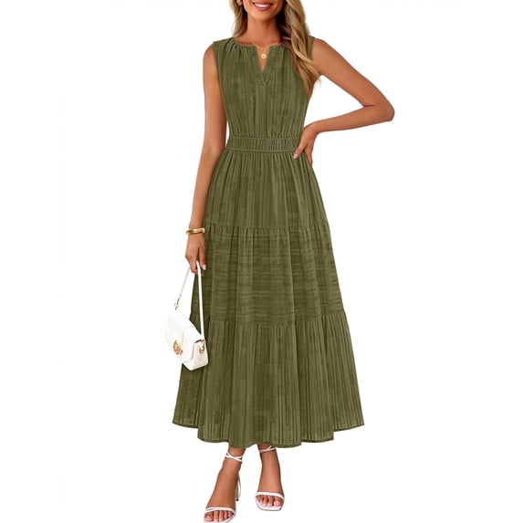 Merokeety Summer Dress for Women Boho V Neck Cotton Modest Long Dresses with Pockets ArmyGreen xl