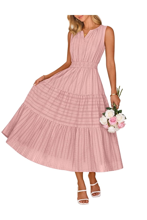 Women's 2026 Summer Boho V Neck Tiered Maxi Dress With Pockets Casual Vacation Wear, Pink, M