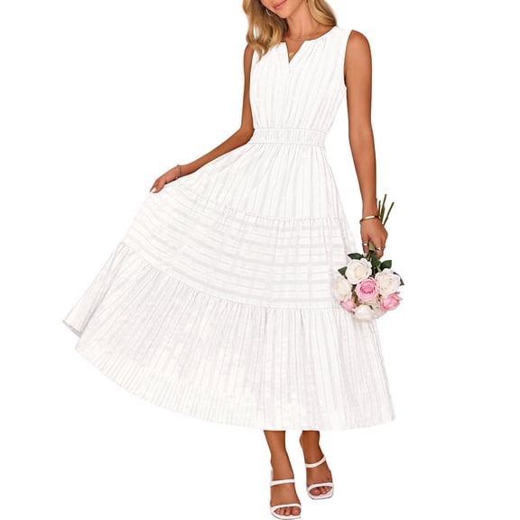 Merokeety Summer Dress for Women Boho V Neck Cotton Modest Long Dresses with Pockets White xl