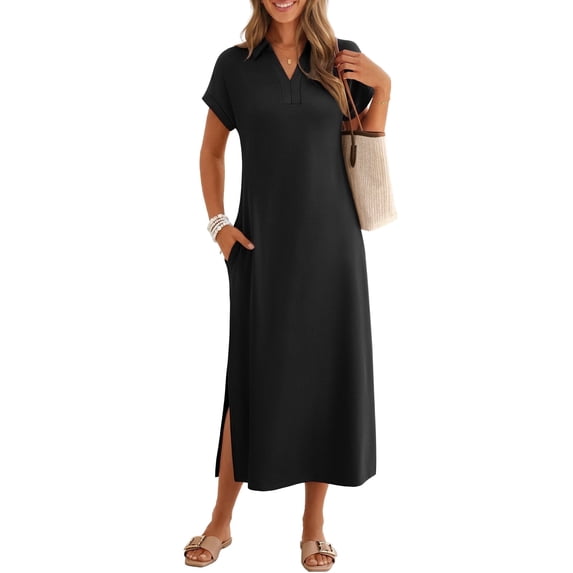Merokeety Womens Summer Maxi Dress V Neck Collared Vacation T Shirt Long Dresses Black l
