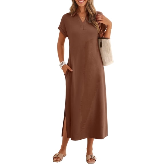 Merokeety Womens Summer Maxi Dress V Neck Collared Vacation T Shirt Long Dresses Brown m