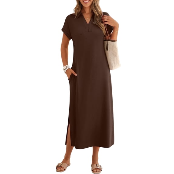 Merokeety Womens Summer Maxi Dress V Neck Collared Vacation T Shirt Long Dresses Coffee xl