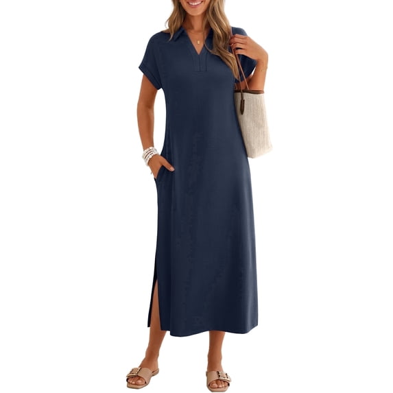Merokeety Womens Summer Maxi Dress V Neck Collared Vacation T Shirt Long Dresses Navy xl