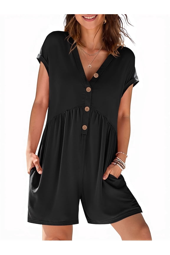 Summer Rompers for Women Casual V Neck Shorts Overalls Loose Fit Onesie with Pockets Black m