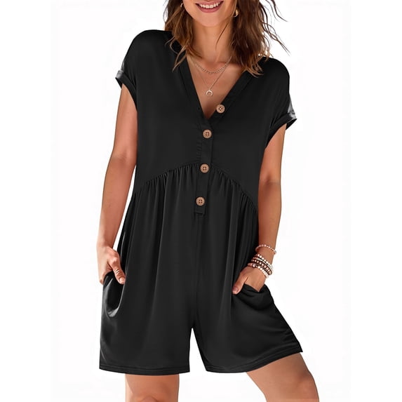 Merokeety Summer Rompers for Women Casual V Neck Shorts Overalls Loose Fit Onesie with Pockets Black 2xl